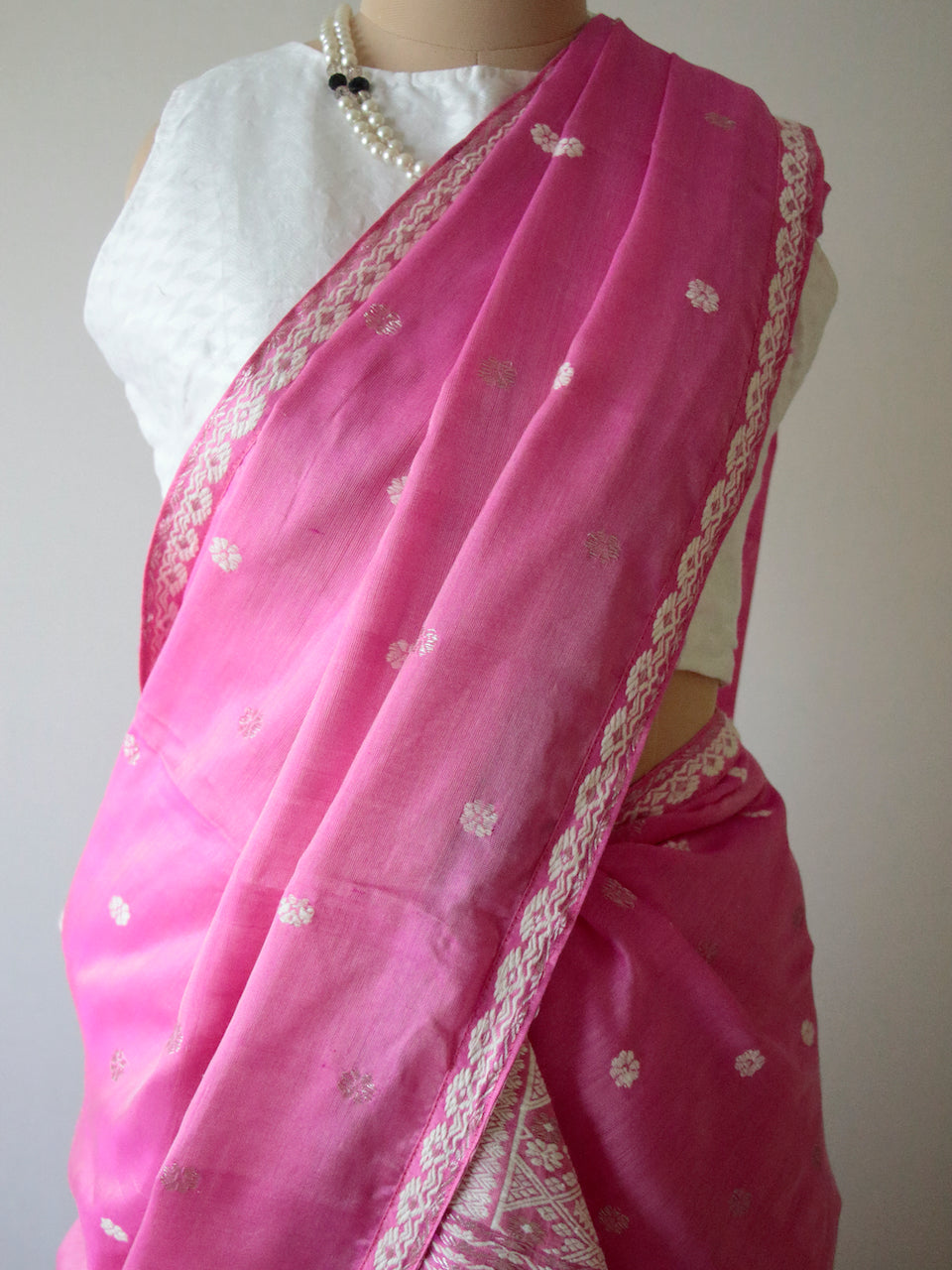 Hot Pink Traditional Handloom Modal by Mulberry Silk Mekhla Chador Set