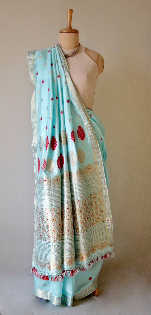 Soft Blue Colour Handloom Mulberry Silk Saree from Assam