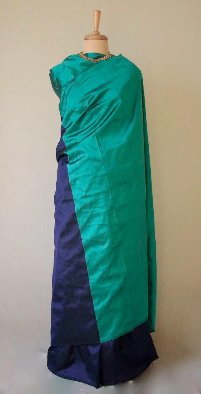 Jade Green and Deep Blue Contemporary Style Handloom Mulberry Silk Saree from Assam
