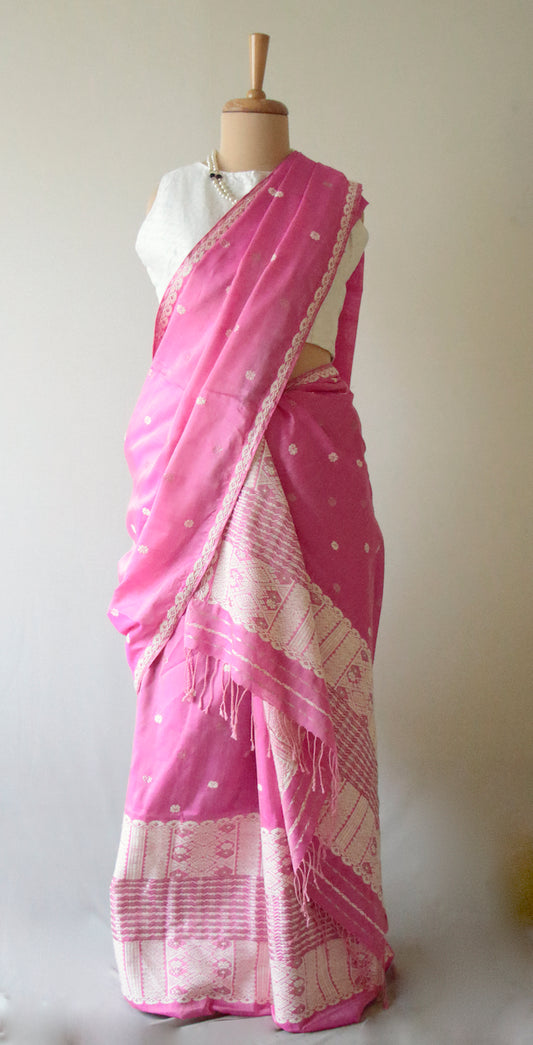 Hot Pink Traditional Handloom Modal by Mulberry Silk Mekhla Chador Set