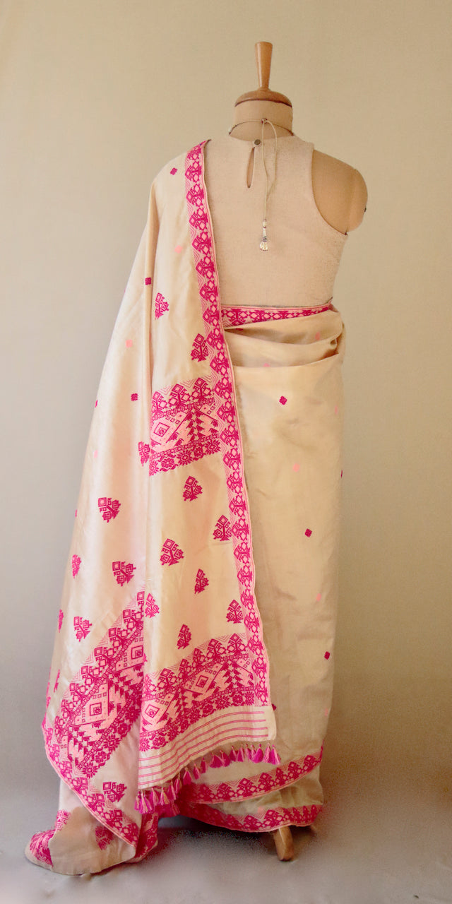 Light Golden Handloom Silk Saree from Assam