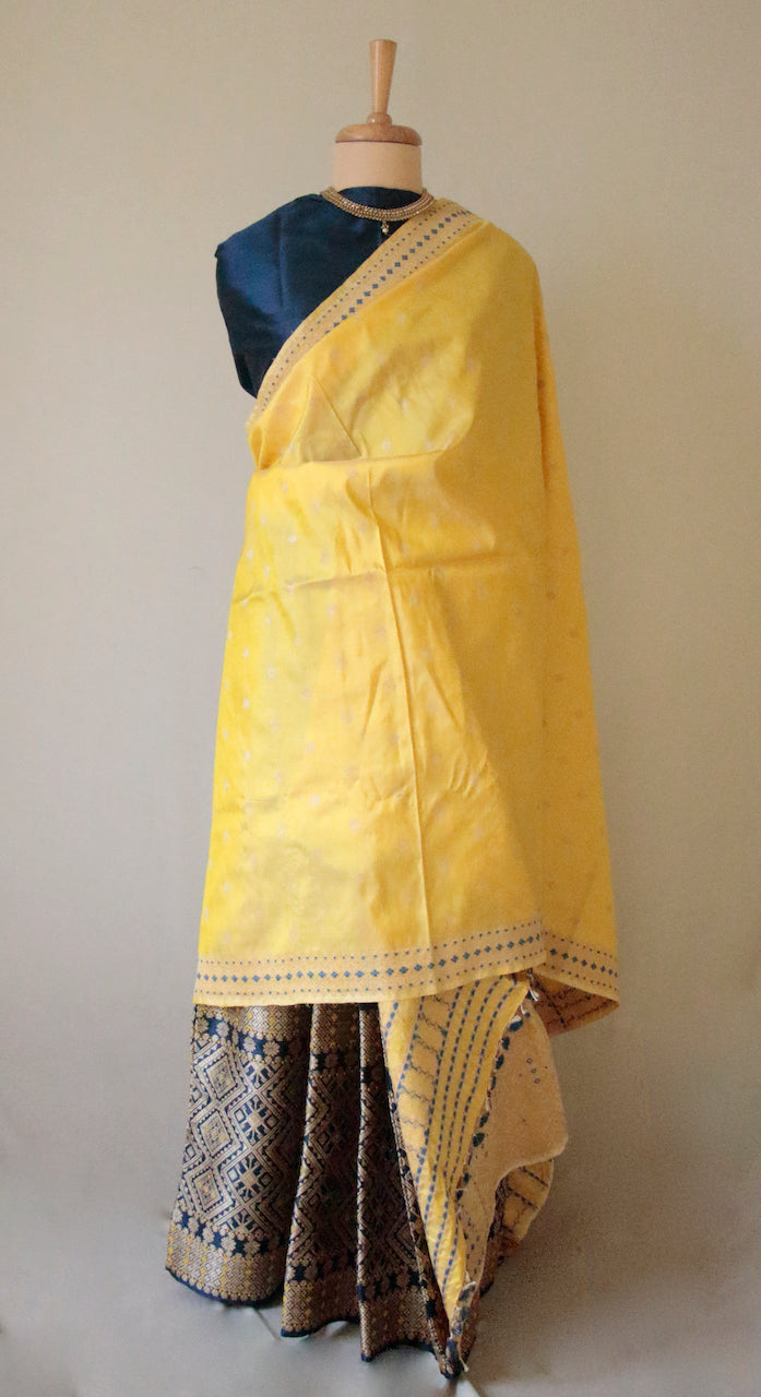 Indigo and Yellow Natural dyed Silk Traditional Mekhela Chador Set from Assam