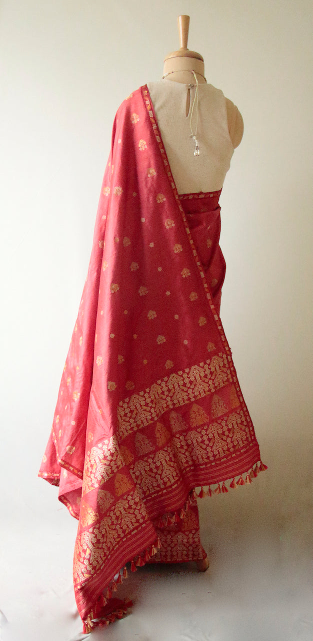 Deep Red Natural Dyed  Mulberry Silk Traditional Mekhla Chador Set from Assam