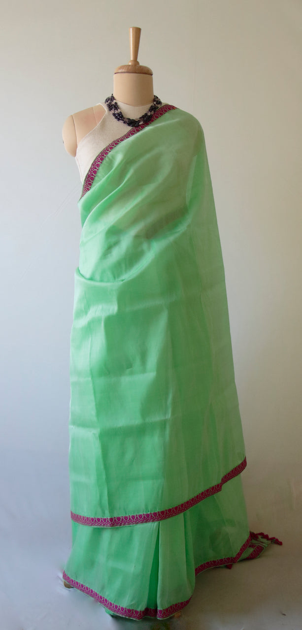 Green Handloom Silk Organza Sari from Assam
