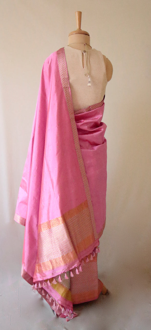 Pink Traditional Pure Silk Mekhela Chador Set from Assam