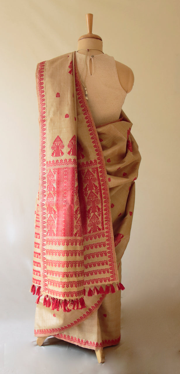 Muga Silk Saree in classic red motifs from Assam