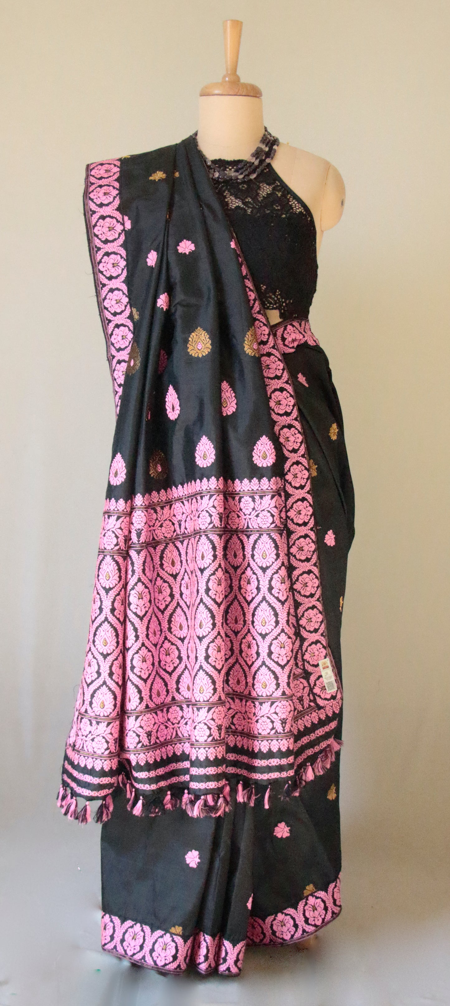 Black Handloom Mulberry Silk Saree from Assam , India