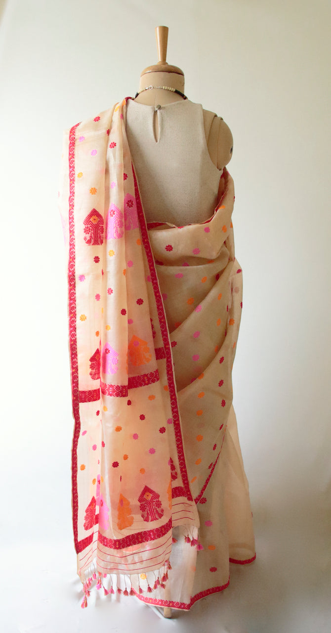 Tassar Silk by Mulberry silk Saree with colourful traditional motifs from Assam