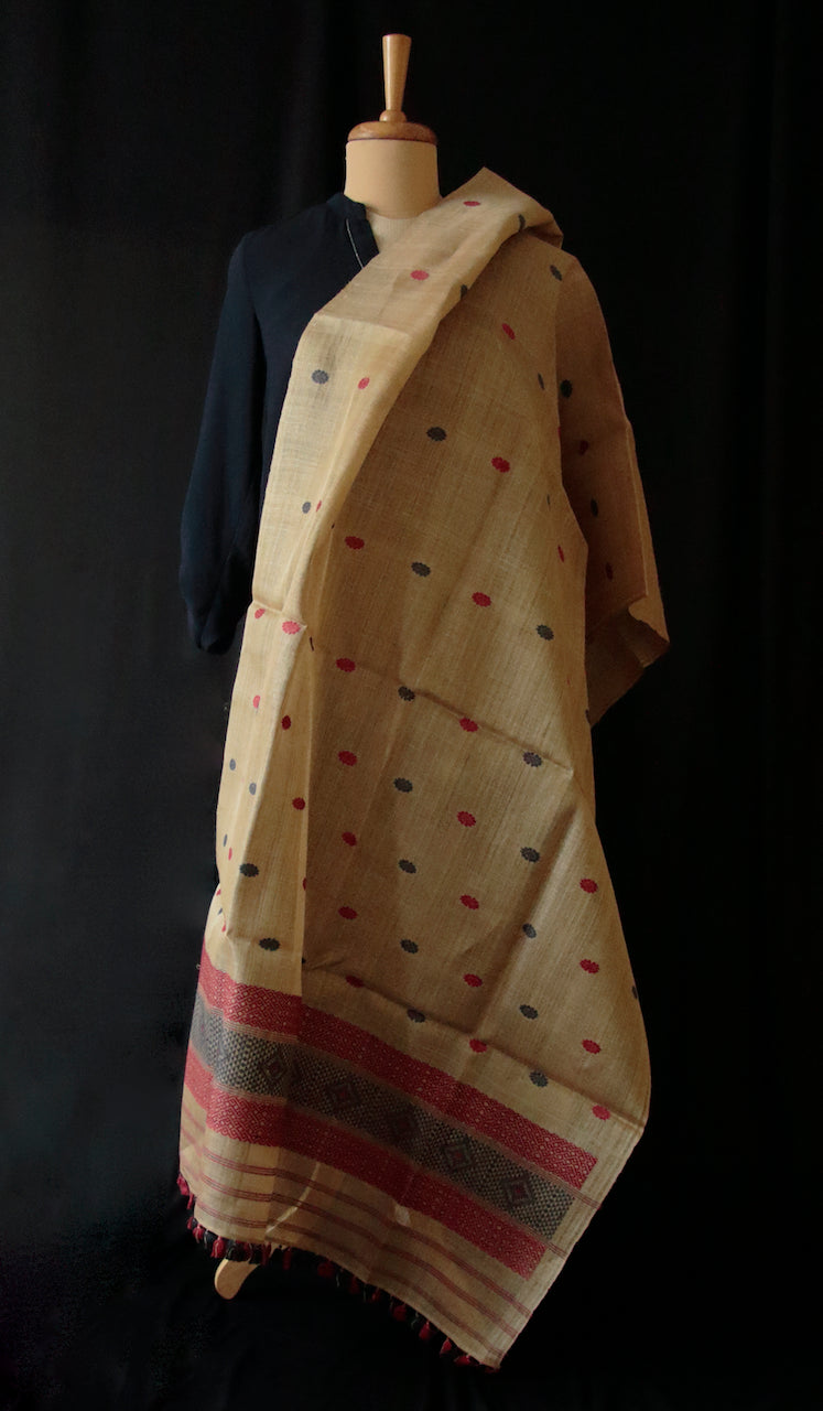 Hand woven Muga Silk Oversized Wrap / Dupatta with natural Dyed Eri Silk Motifs from Assam