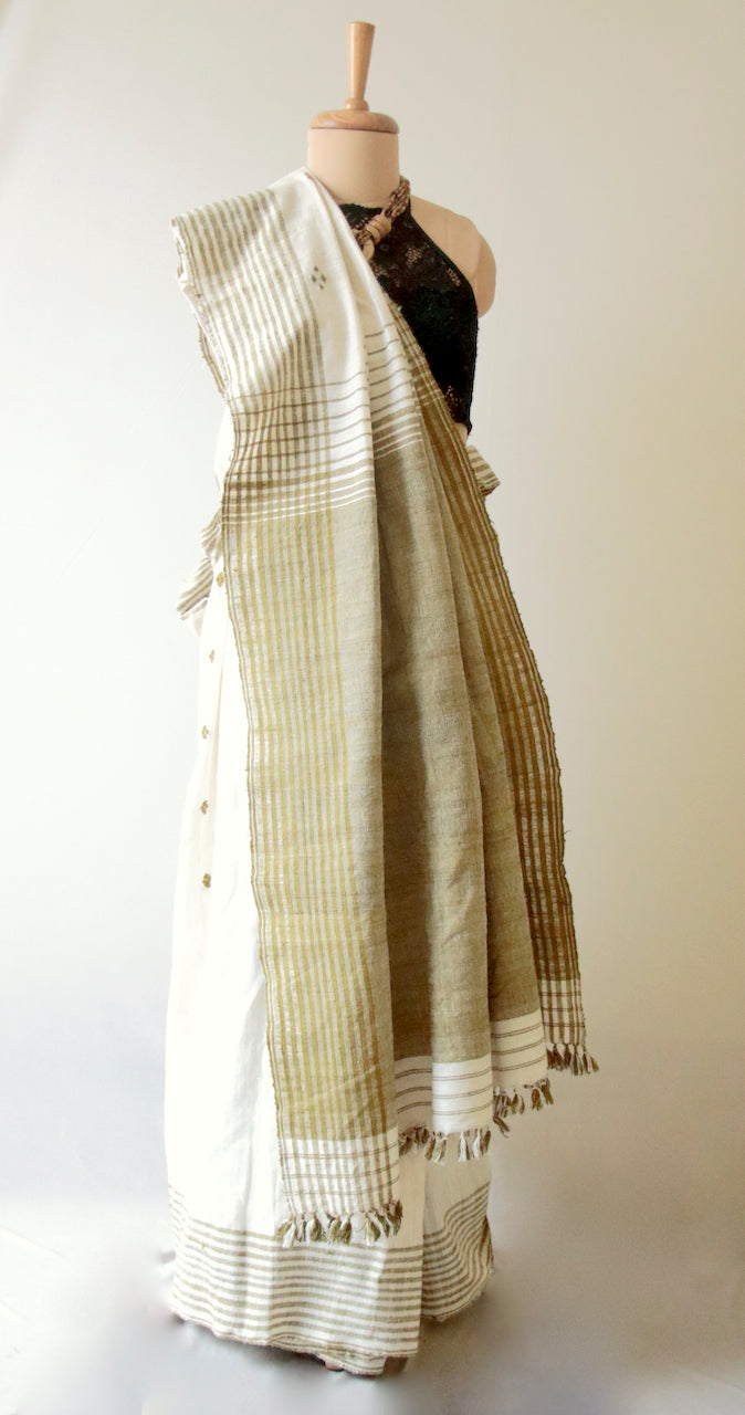 Handwoven Natural Colour Hand Spun  Eri Silk Sari from Assam