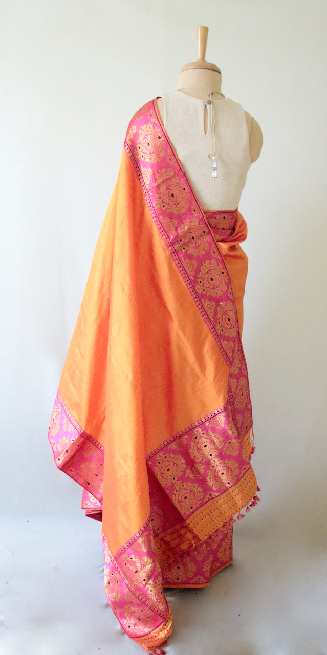Bright Orange and Fuchsia pink  Traditional Pure Silk Mekhela Chador Set from Assam