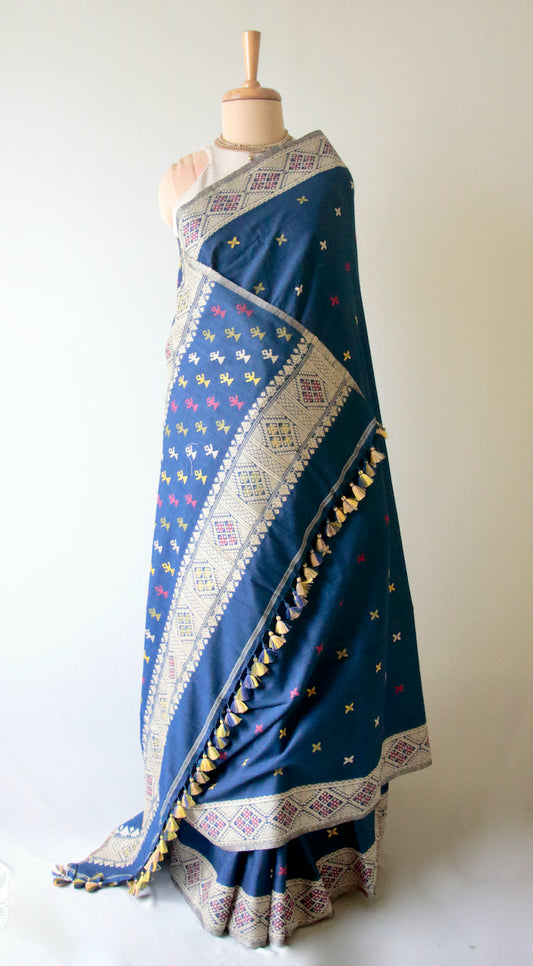 Indigo Natural Dyed Handloom Eri Silk Saree from Assam