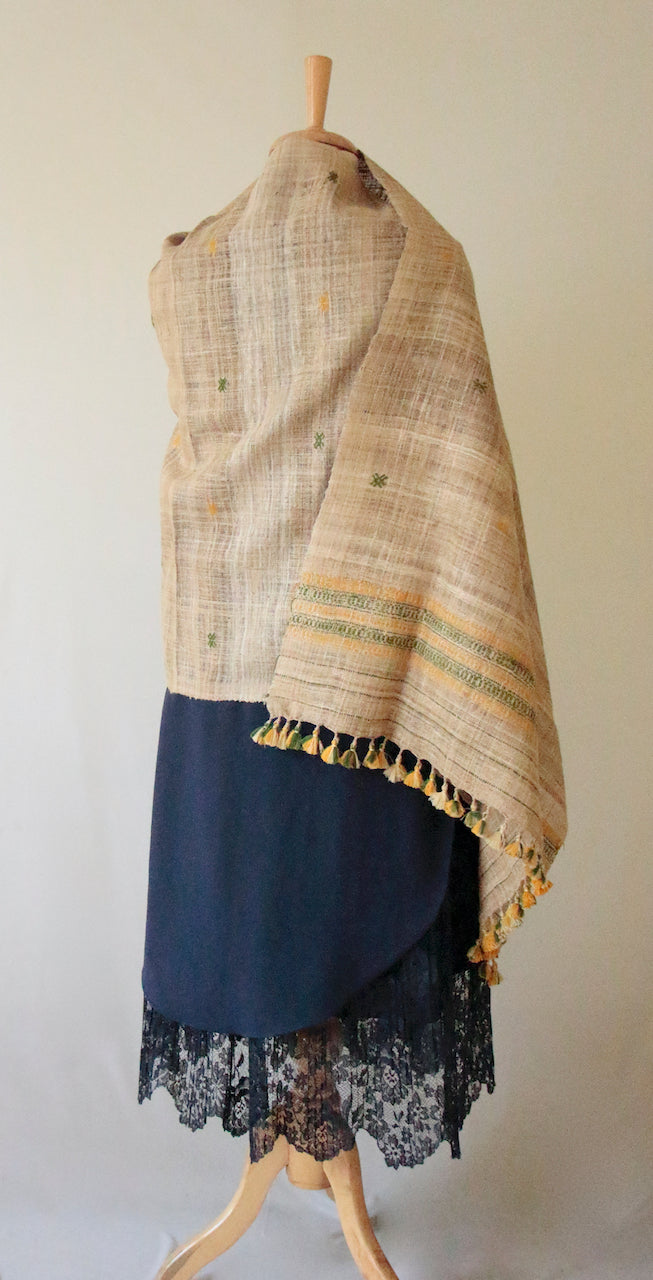 Handwoven Muga Ghicha Silk Shawl with Eri Silk Motifs from Assam