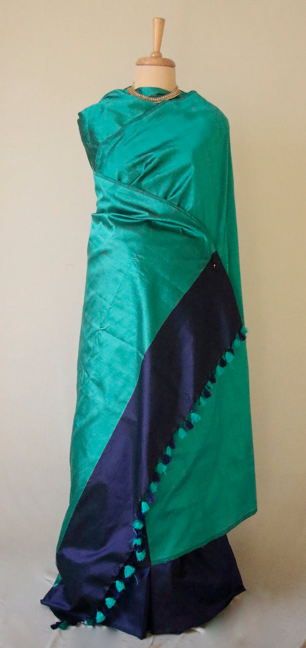 Jade Green and Deep Blue Contemporary Style Handloom Mulberry Silk Saree from Assam