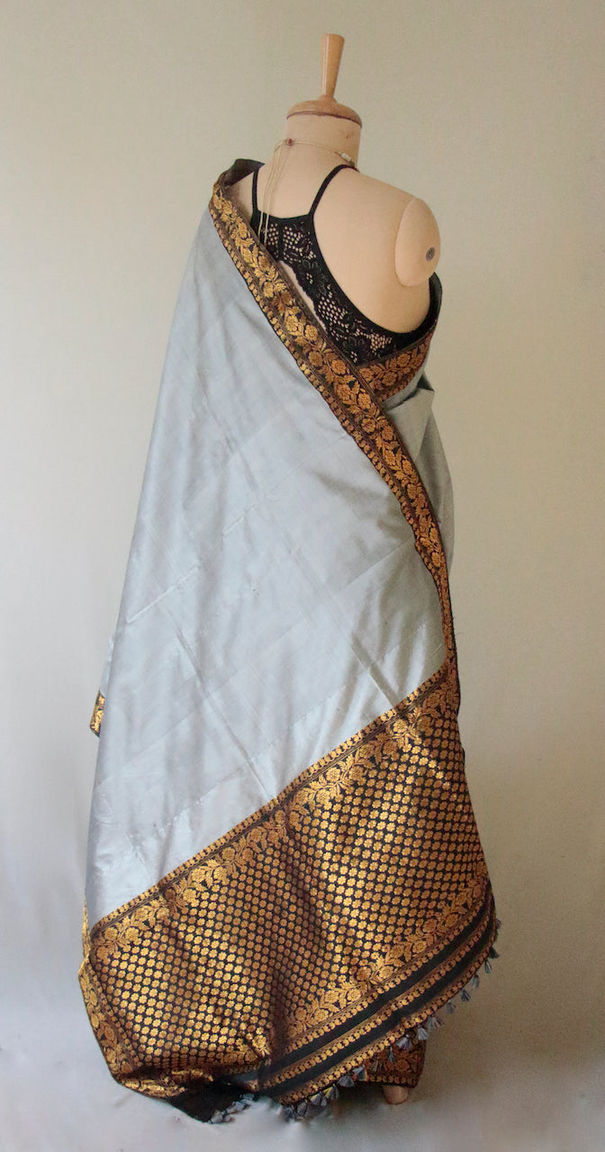 Black & Grey Contrast  Traditional Pure Silk Mekhela Chador Set from Assam