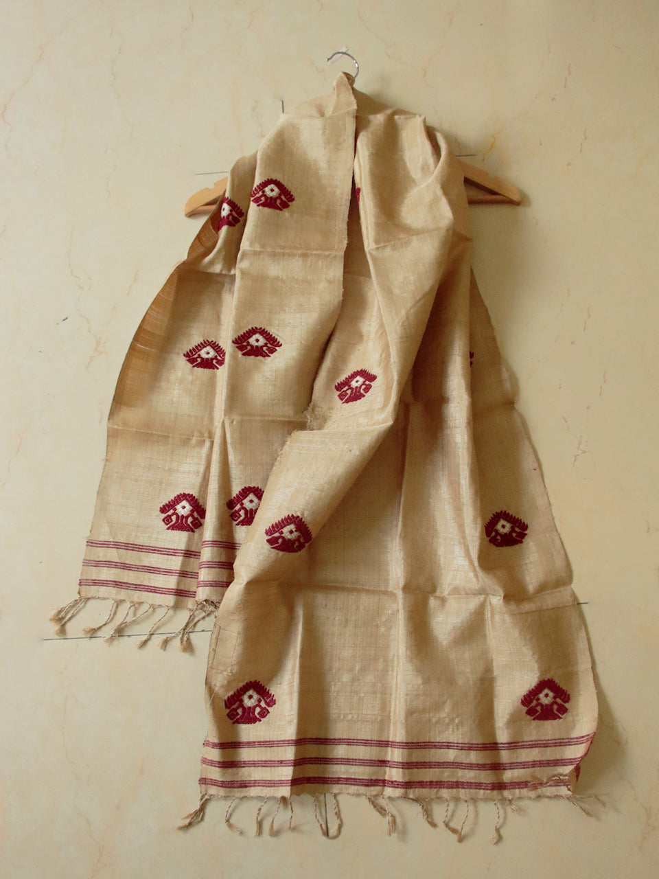 Golden Muga Silk Scarf / Stole with traditional motifs / handwoven from Assam