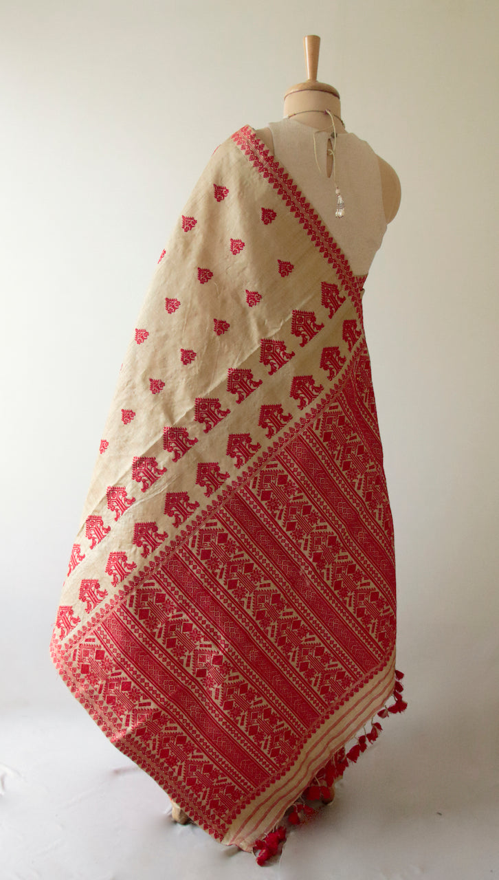 Muga Silk Handloom Mekhla Chador Set from Assam in Classic Red and Muga Combination