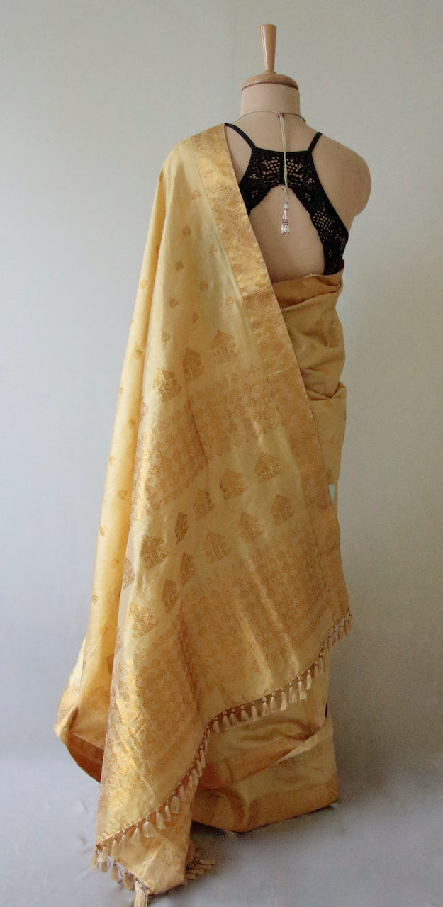 Golden beige With Full Zari Work Handloom Silk Saree from Assam