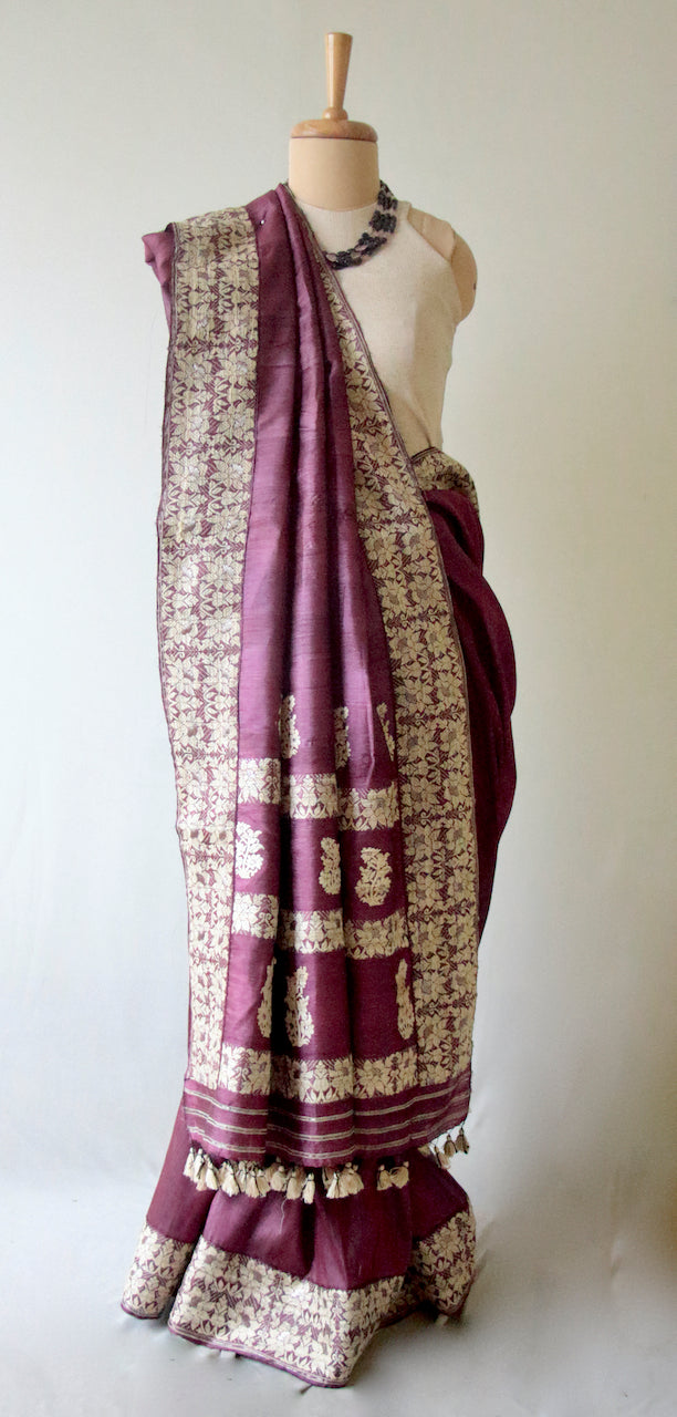 Wine Colour Handloom Silk Saree from Assam