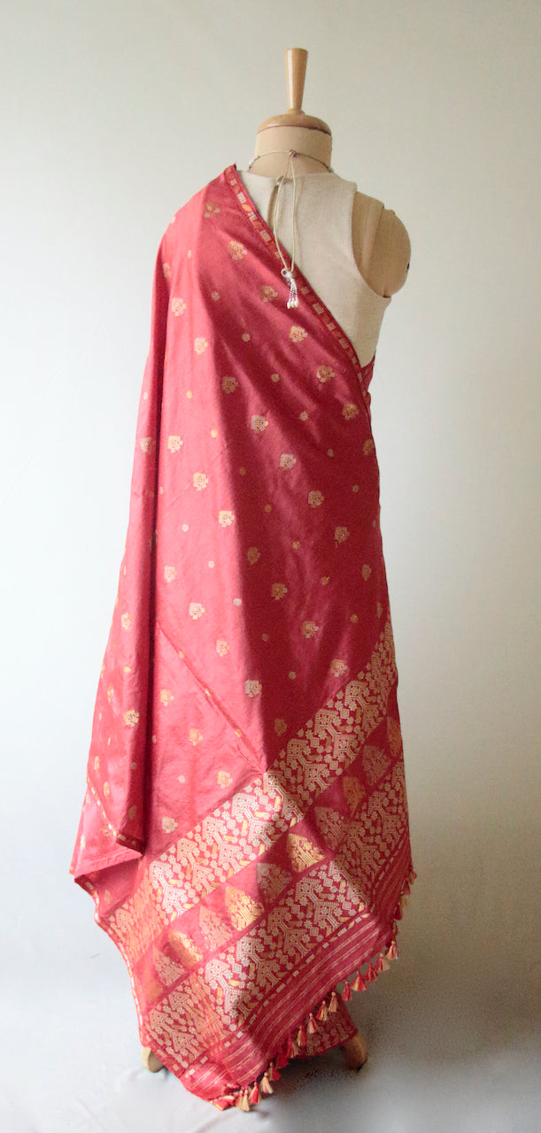 Deep Red Natural Dyed  Mulberry Silk Traditional Mekhla Chador Set from Assam