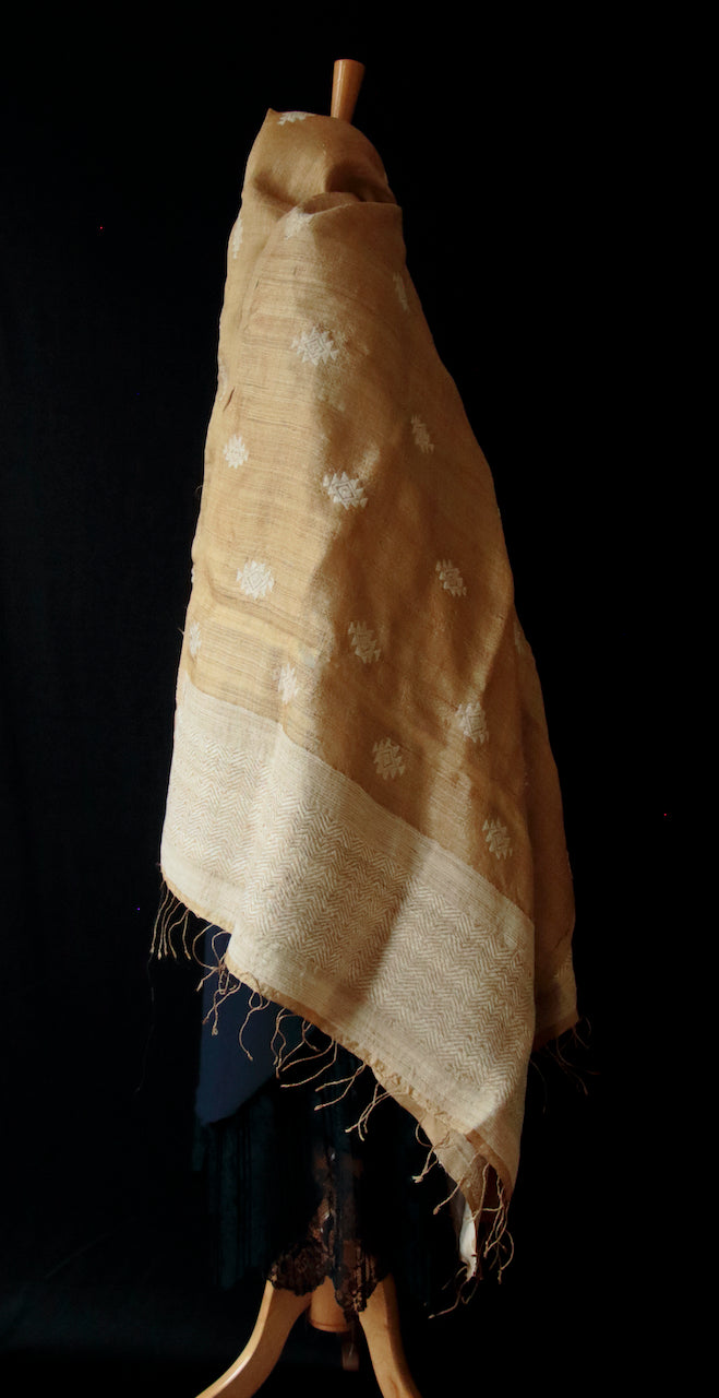 Hand woven Muga Silk Dupatta / Oversized Wrap/ Shawl  with Eri Silk Motifs from Assam