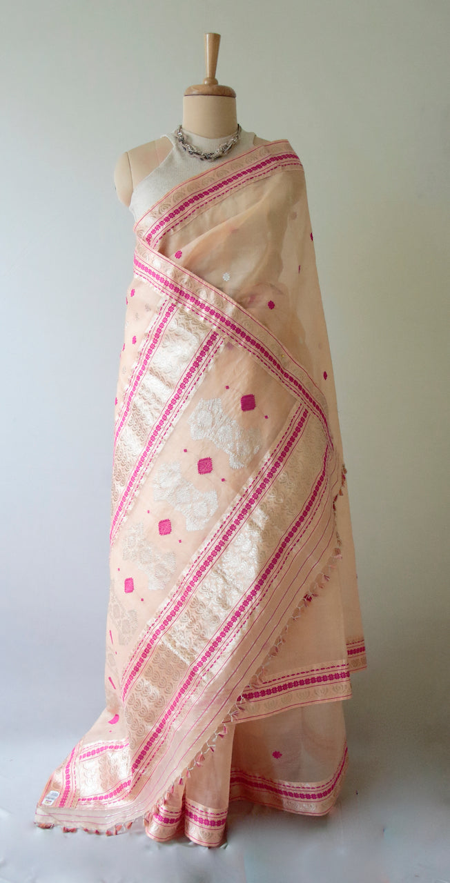 Peach Handloom Organza  Silk Sari From Assam