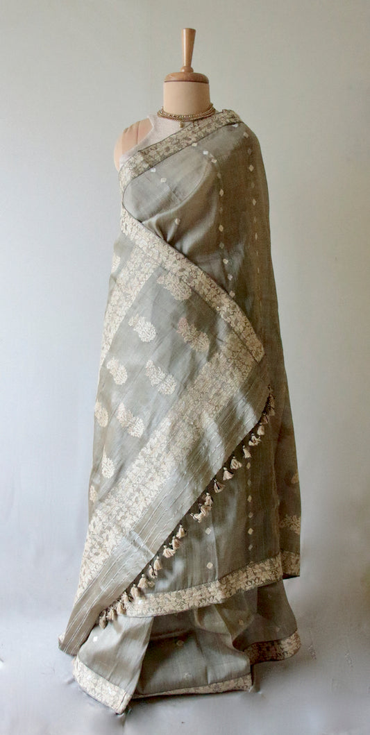 Dull Green Grey Colour Handloom Silk Saree from Assam