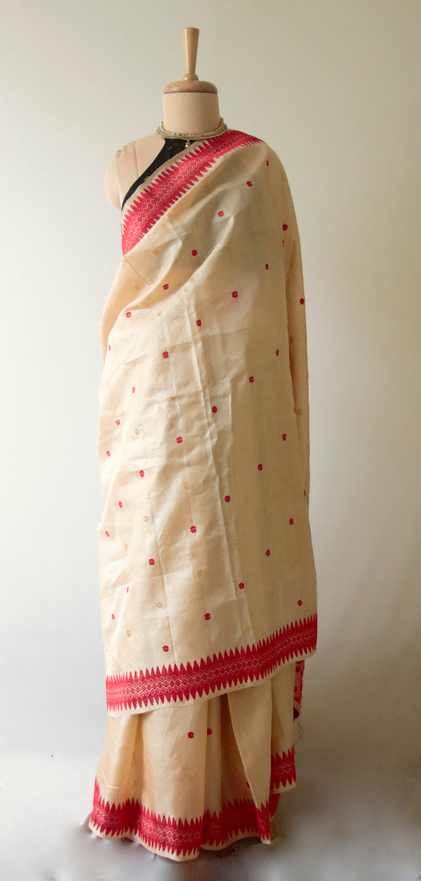 Tassar Silk Saree with traditional red and golden zari motifs from Assam