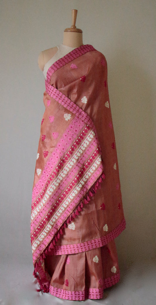 Rusty Pink Mulberry Silk by Tassar silk Handloom saree from Assam