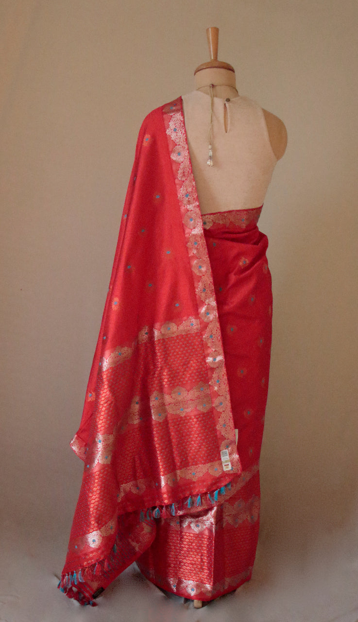 Crimson Red Traditional Pure Silk Mekhela Chador Set from Assam