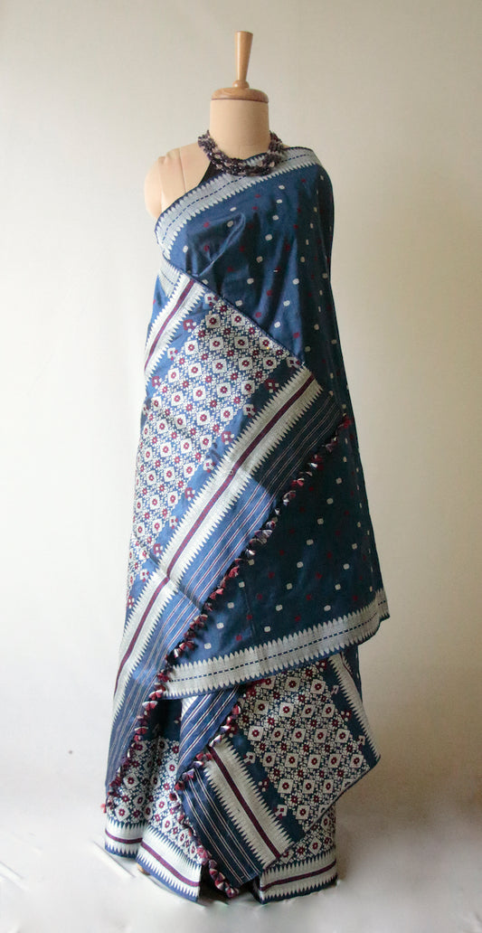 Natural Indigo dyed Silk Traditional Mekhela Chador Set from Assam , India