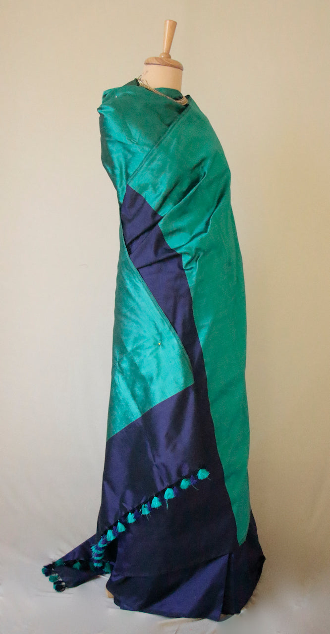 Jade Green and Deep Blue Contemporary Style Handloom Mulberry Silk Saree from Assam