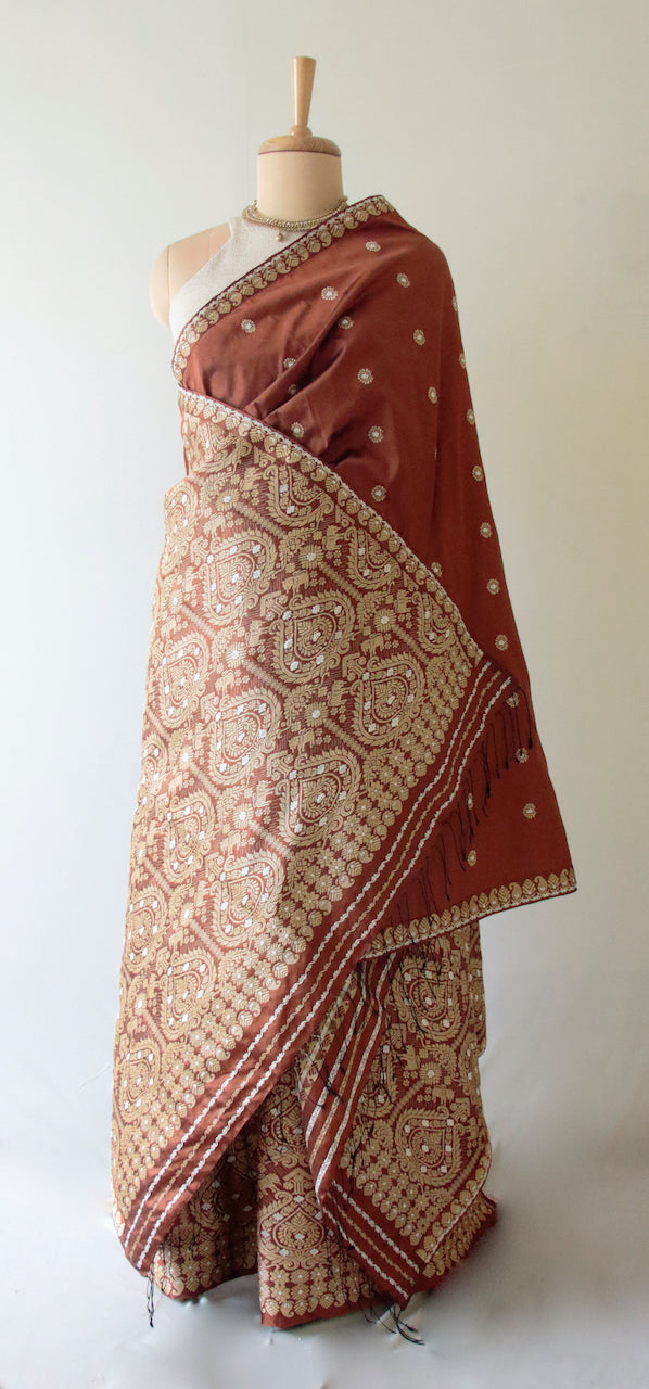 Brown Mulberry Silk Traditional 3 pc Mekhla Chador Set from Assam