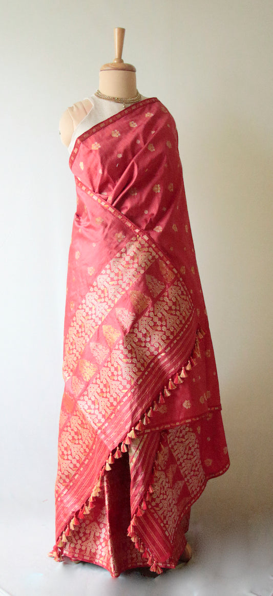 Deep Red Natural Dyed  Mulberry Silk Traditional Mekhla Chador Set from Assam