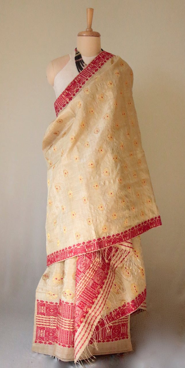 Bridal Classic Muga Silk Mekhla Chador Set in Red & Zari motifs from Assam