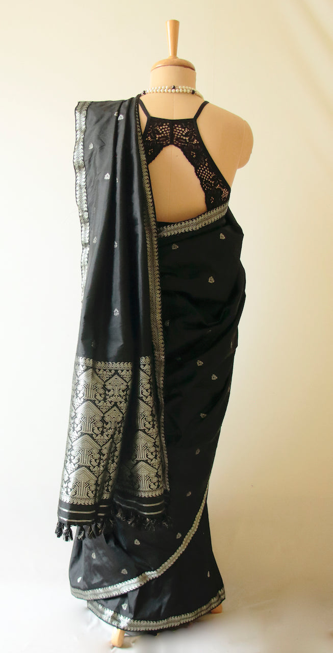 Black Handloom Mulberry Silk  Sari from Assam - Made to Order