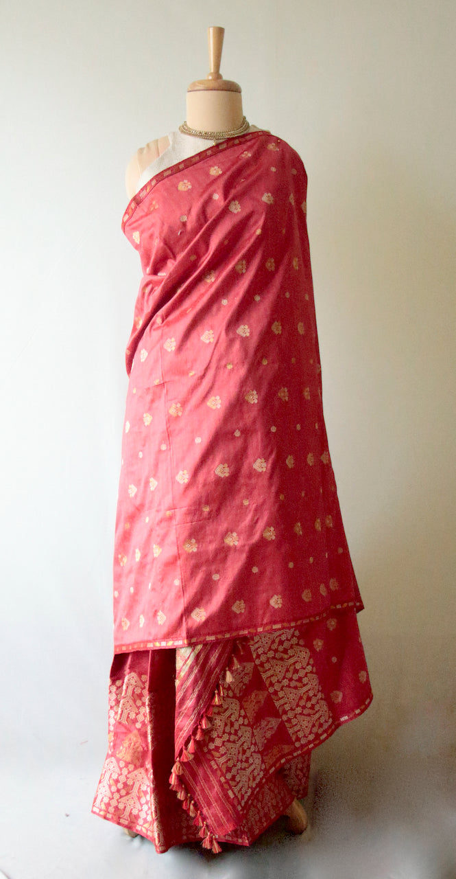 Deep Red Natural Dyed  Mulberry Silk Traditional Mekhla Chador Set from Assam