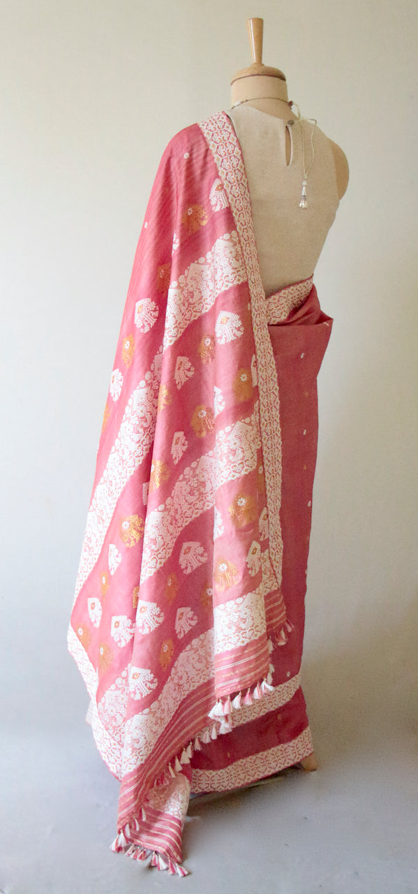 Pink Colour Tassar Silk Saree with traditional motifs from Assam