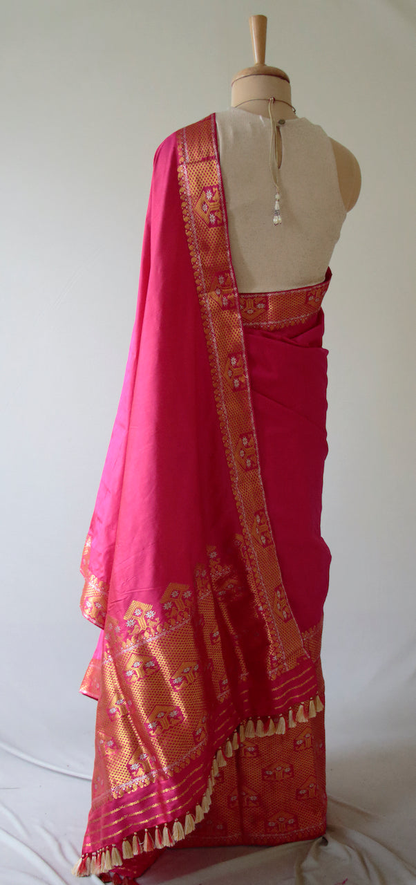 Fuchsia Pink Traditional Mulberry Silk 3 Pc Mekhla Chador Set from Assam , India