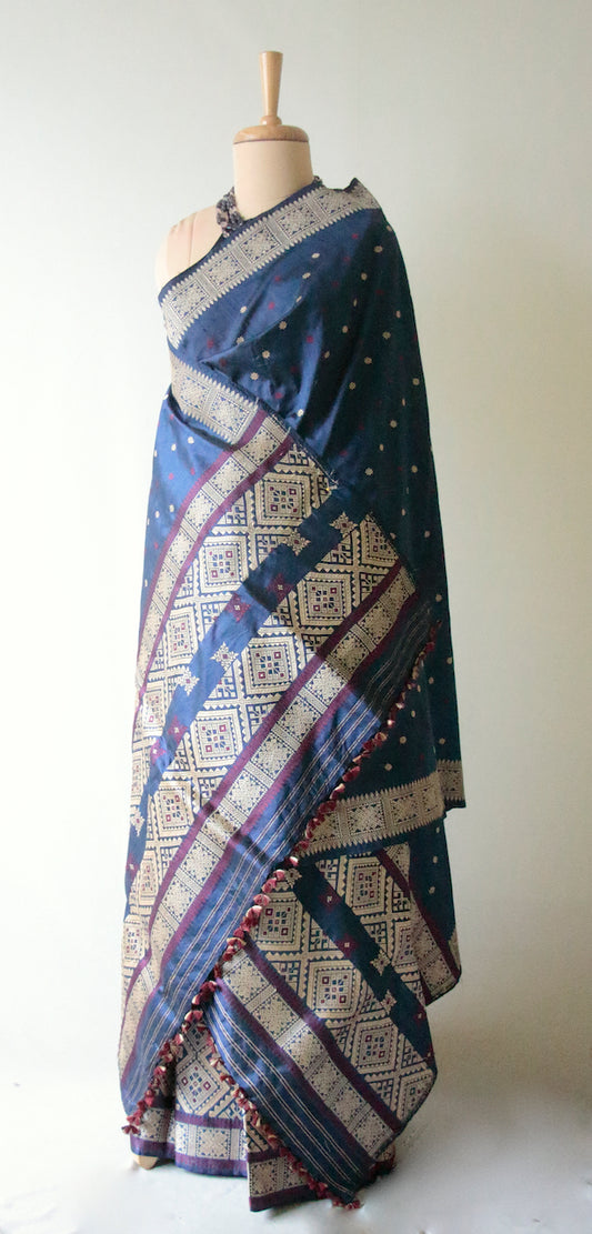 Indigo Natural dyed Silk Traditional Mekhela Chador Set from Assam