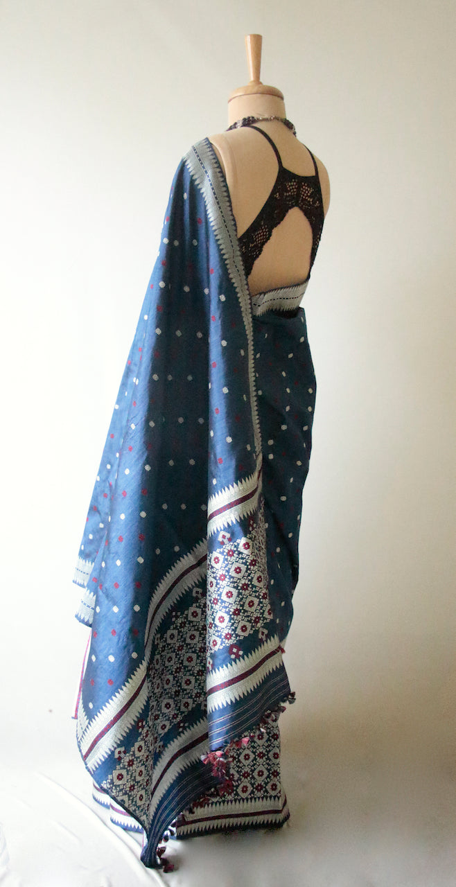 Natural Indigo dyed Silk Traditional Mekhela Chador Set from Assam , India