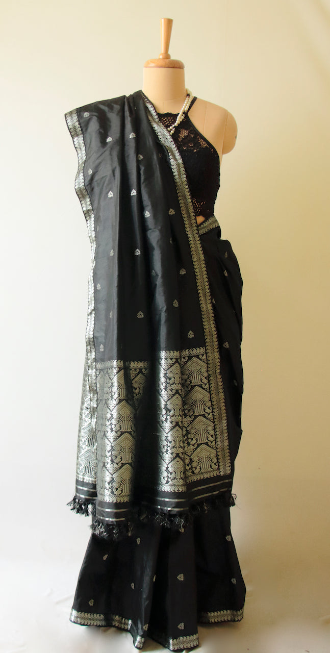 Black Handloom Mulberry Silk  Sari from Assam - Made to Order