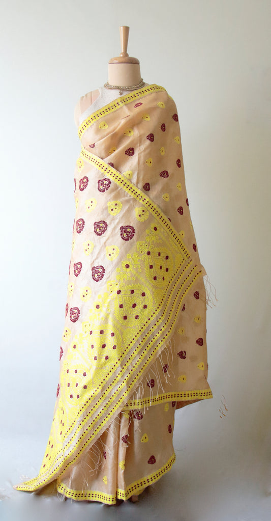Handloom Tassar Silk Saree with traditional motifs from Assam