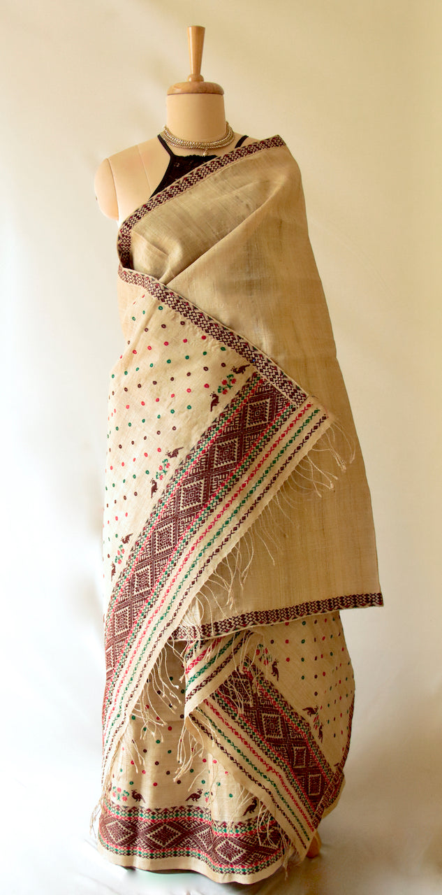 Muga Silk Mekhla Chador Set in Classic design from Assam , India