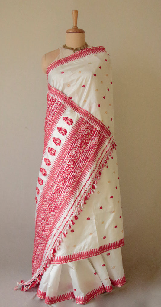 Natural White Mulberry Silk  Sari with red motifs from Assam