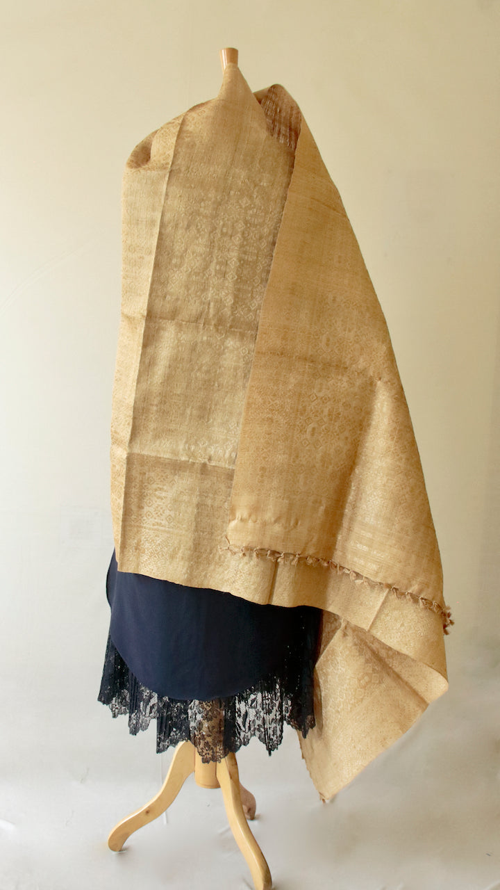 Hand woven authentic Muga Silk Dupatta / Wrap with all over Muga Silk Motifs  from Assam , India