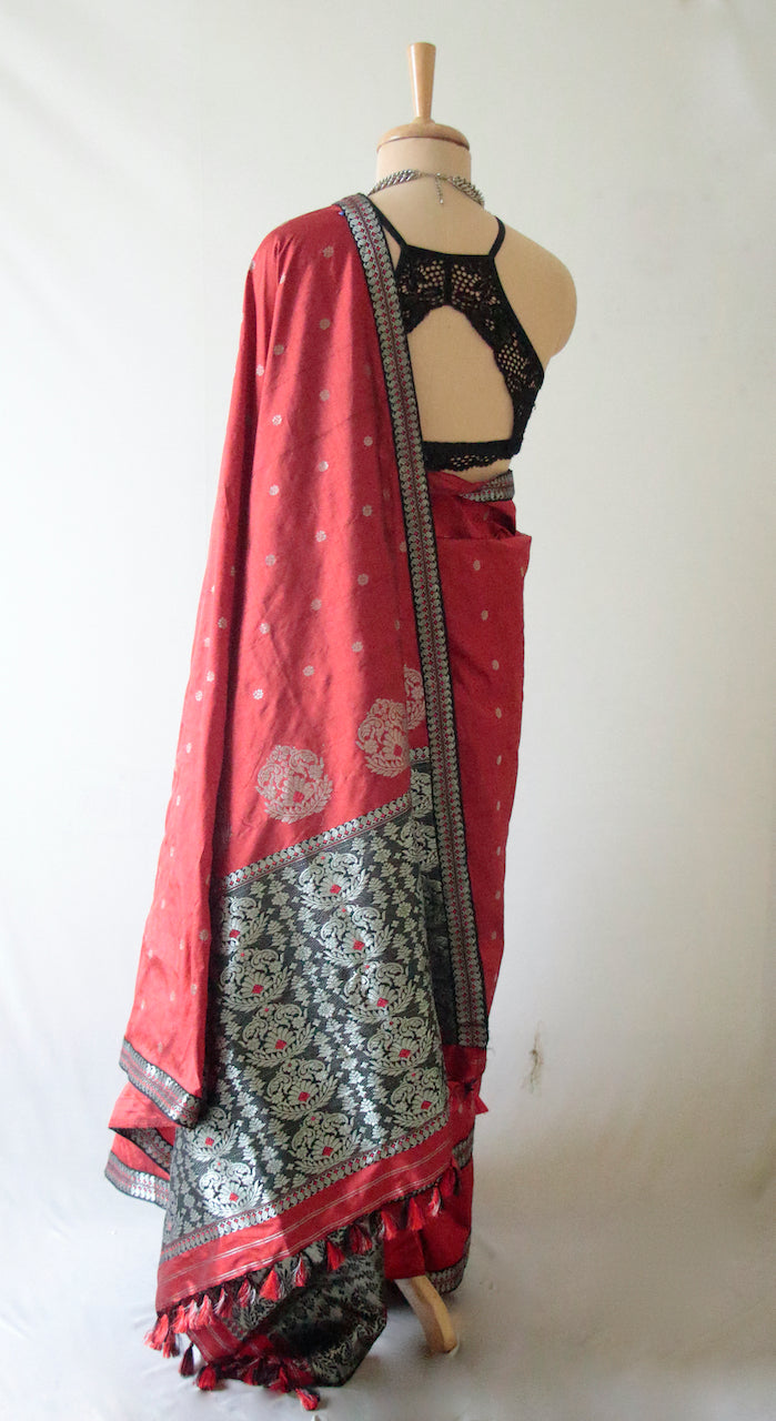 Deep Red and Black  Zari Work Handloom Mulberry Silk / Pat Silk Saree from Assam