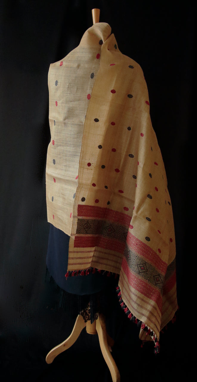 Hand woven Muga Silk Oversized Wrap / Dupatta with natural Dyed Eri Silk Motifs from Assam