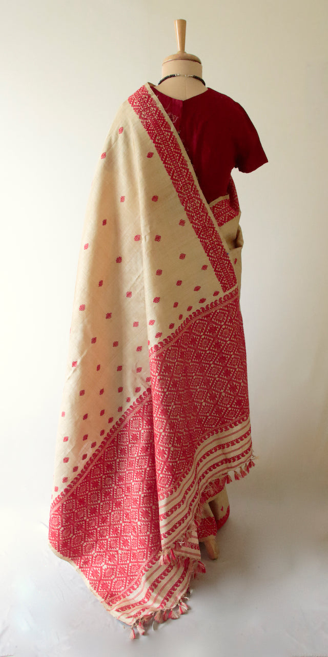 Muga Silk Saree in classic red motifs from Assam