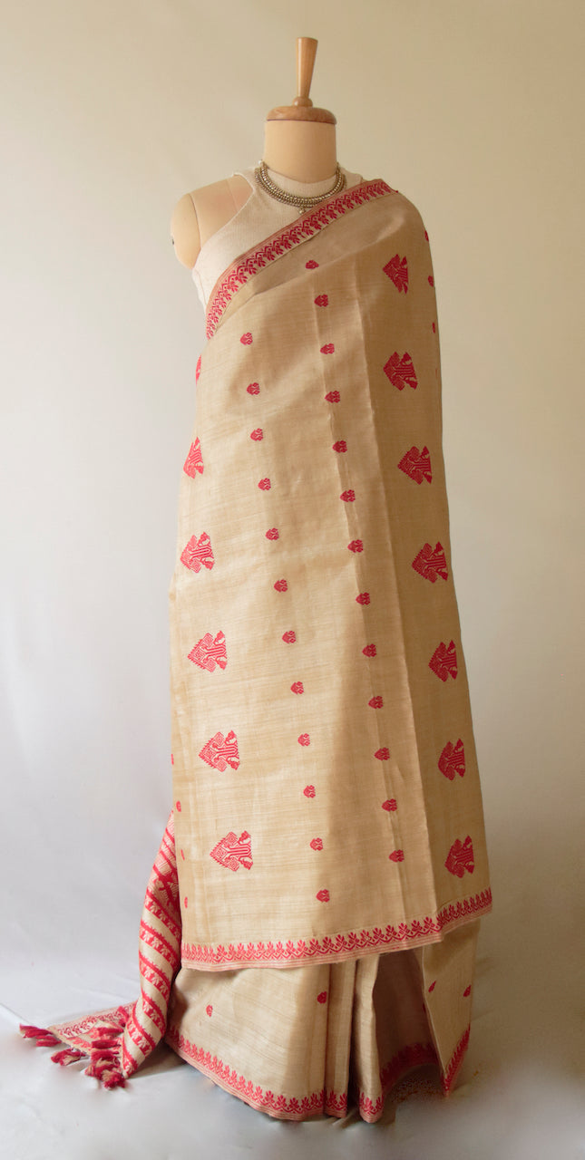 Muga Silk Saree in classic red motifs from Assam